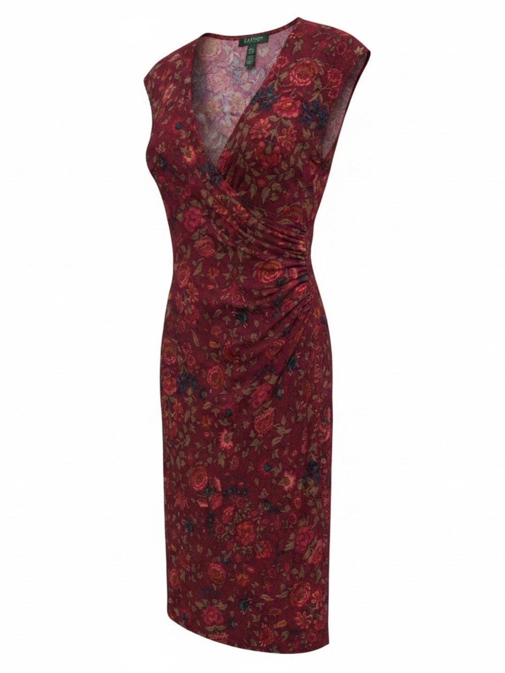 Lauren Ralph Lauren Burgundy Floral V-Neck Ruched Sheath Dress